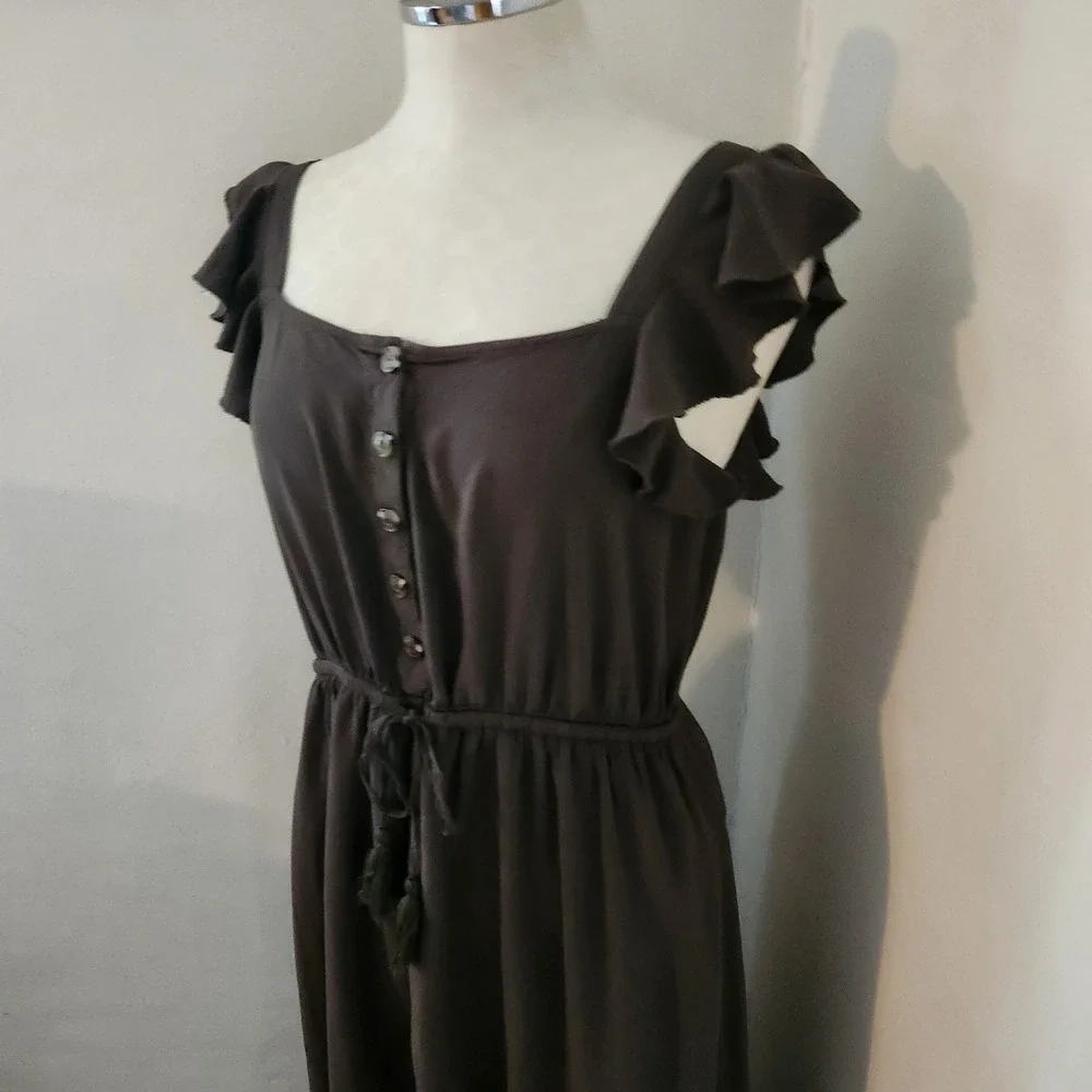 Indigo Rose Olive Green Ruffle Flutter Sleeve Button Front Midi Dress Large L - Picture 5 of 5